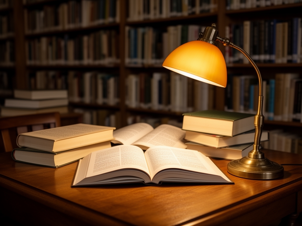 Vědecké knihy a otevřené odborné časopisy na stole v klidné studovně s teplým světlem stolní lampy symbolizující systematický přístup ke znalostem