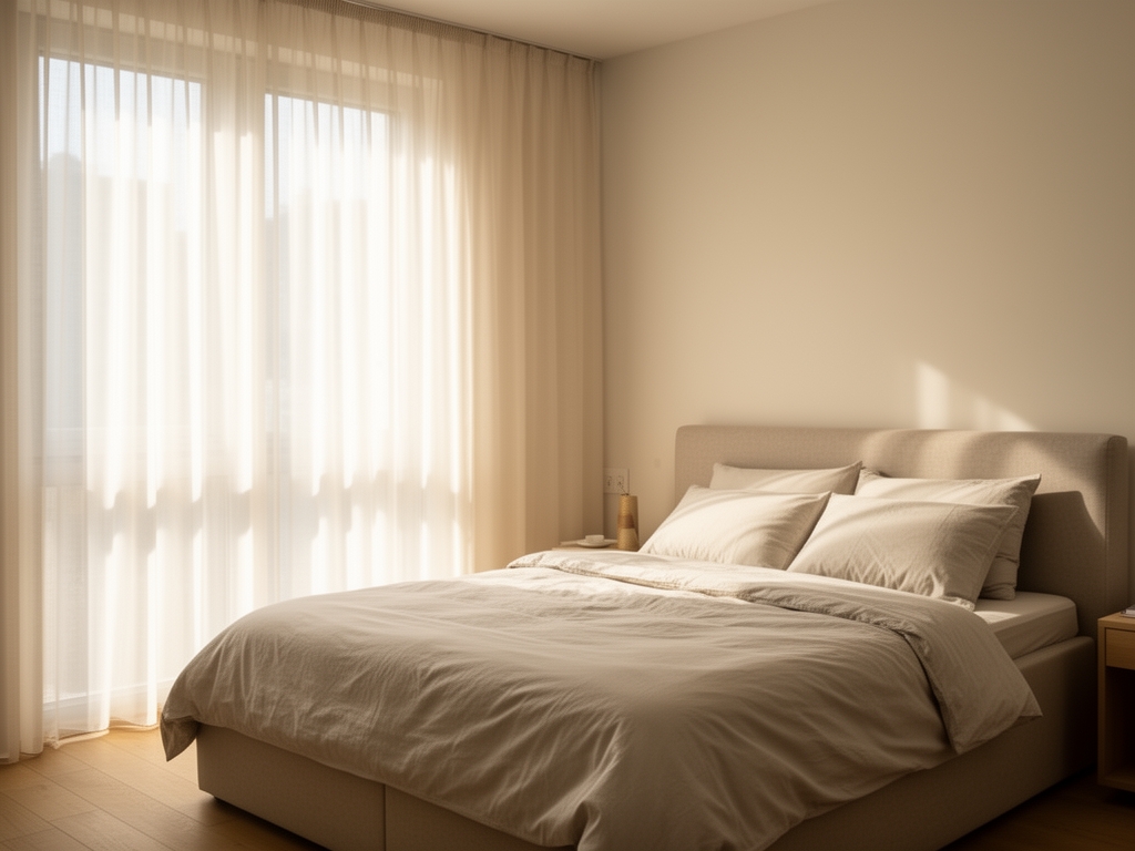 Klidná ložnice s měkkým ranním světlem filtrujícím přes jemné záclony evokující kvalitu spánku a regeneraci organismu