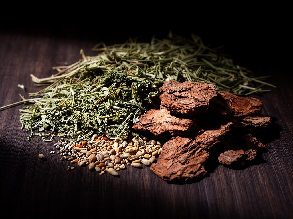 Zátiší s přírodními ingrediencemi jako jsou sušené byliny, kousky kůry a semínka na tmavém dřevěném povrchu s dramatickým bočním světlem zdůrazňující textury