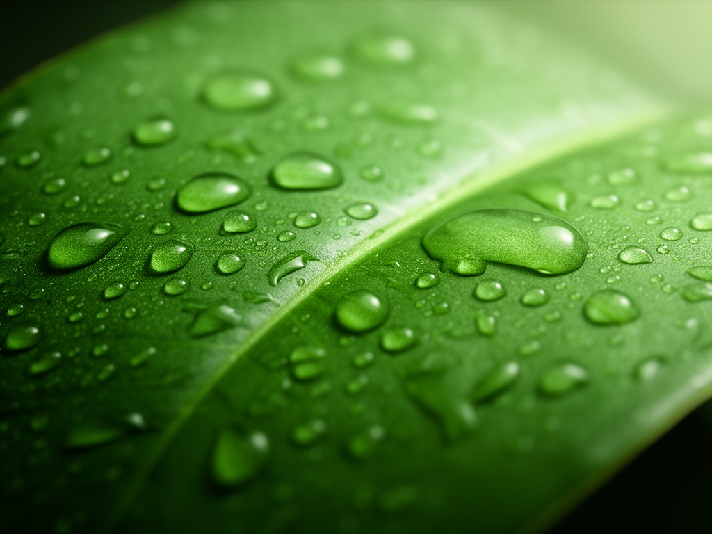 Detailní záběr kapek vody na zelené listy ve studiovém osvětlení symbolizující hydrataci a péči o pokožku na buněčné úrovni